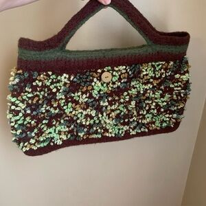 Handmade Soft Bubble Felted Wool Purse Hand Bag Green Browns Bohemian Granny
